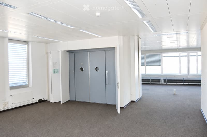 Empty room with white walls, carpeted floor, large windows with blinds, and a grey door.