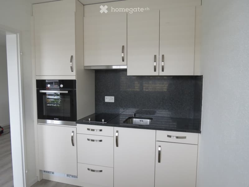 Modern kitchen with white cabinets, stainless steel oven, black countertop, and sink.