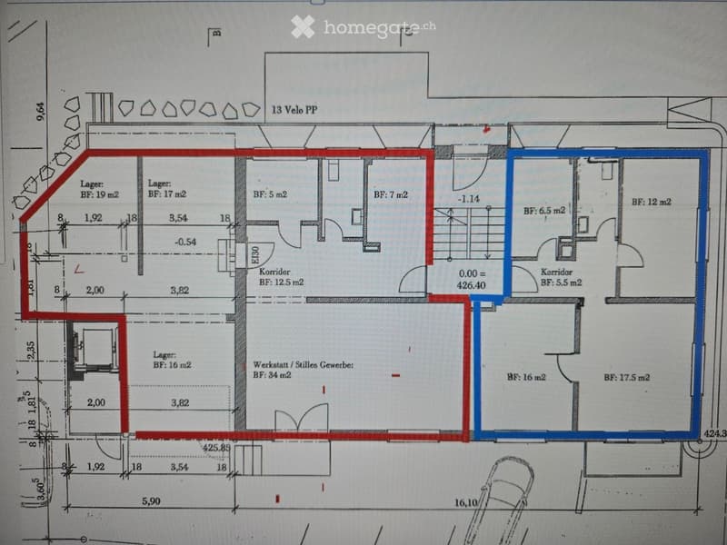 Floor plan showing multiple rooms including storage areas, workshop, and corridors with labeled dimensions and floor areas.