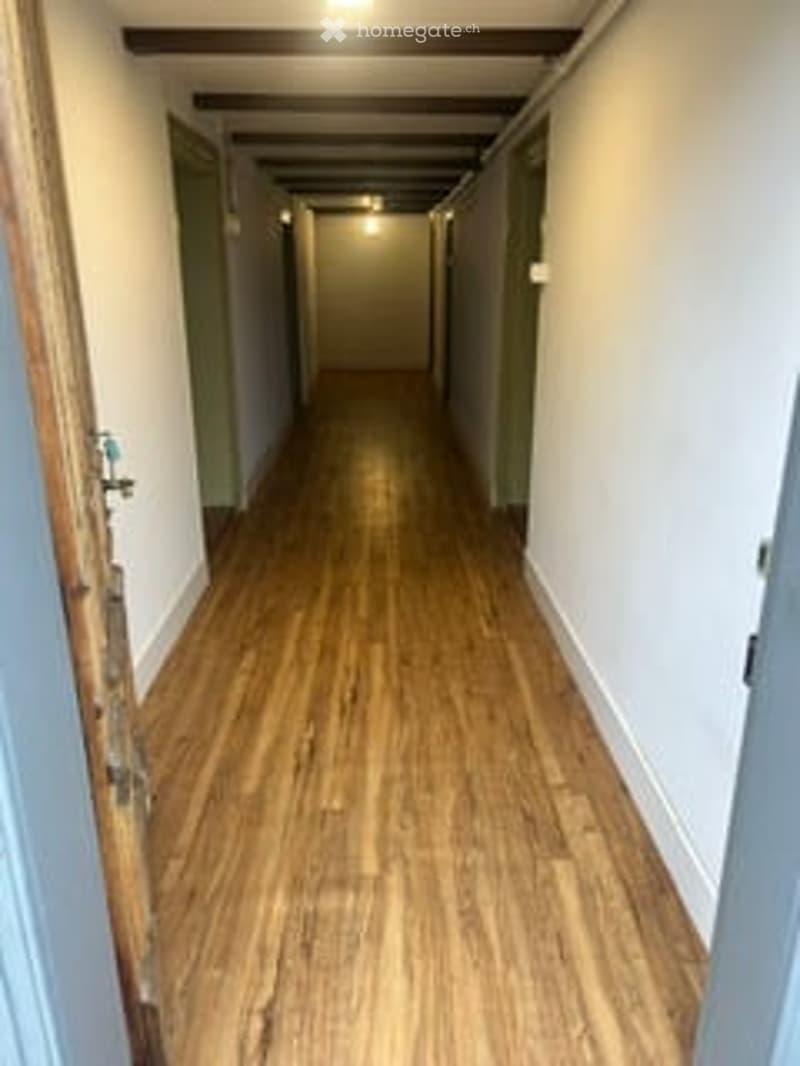 A long, narrow hallway with wooden flooring, white walls, and green doors on both sides.