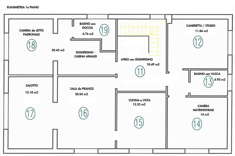 Floor plan of the first floor showing a master bedroom, living room, dining room, kitchen, study, bathrooms, and hallway.