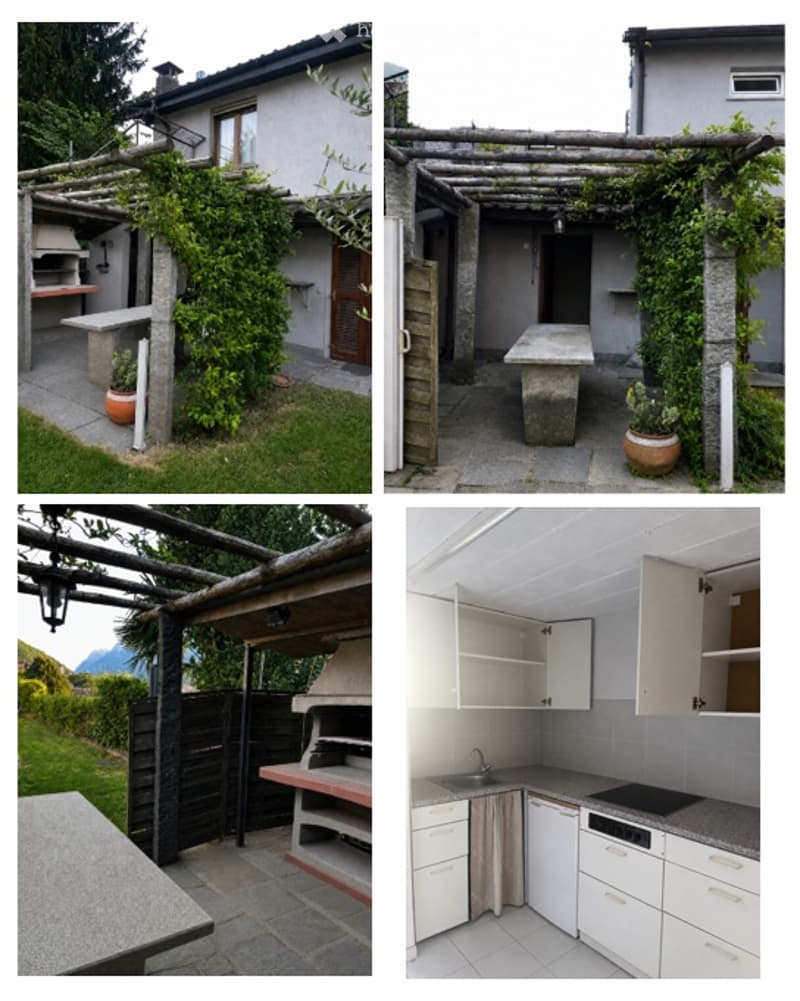 Four images showing a house exterior, outdoor patio with a pergola, a barbecue area, and a modern kitchen.