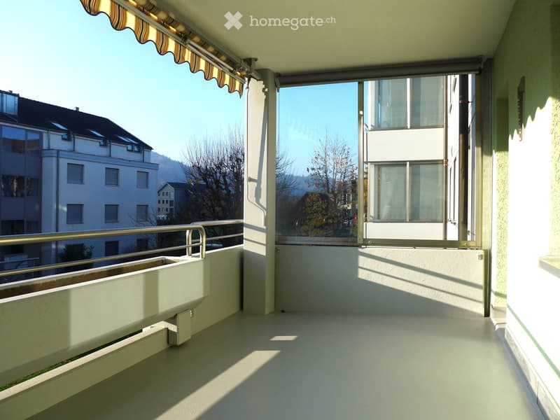 Balcony with white floor, metal railing, and striped awning, overlooking a residential area with trees and mountains in the background.