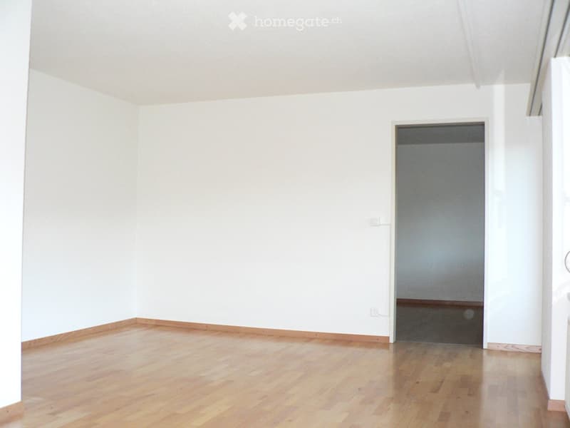 Empty room with white walls and wooden flooring, featuring a doorway leading to another space.