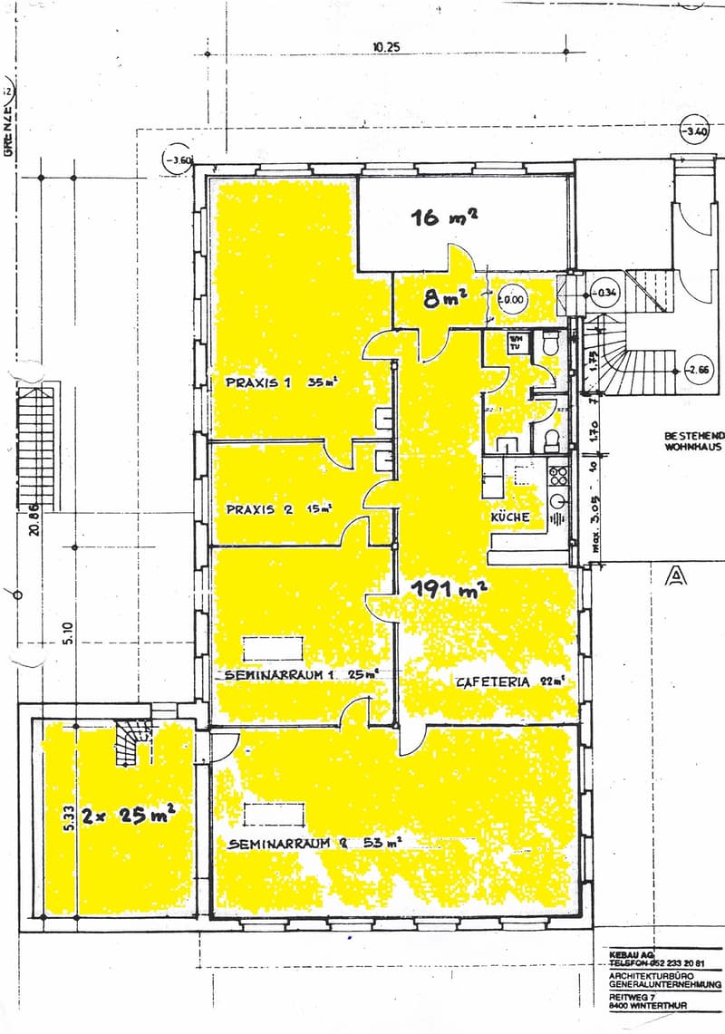 Floor plan of a building with multiple rooms including two practice rooms, two seminar rooms, a cafeteria, and a kitchen.