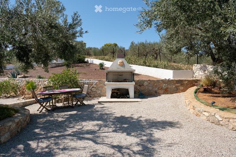 Outdoor patio with a stone fireplace, a table with chairs, surrounded by olive trees and stone walls.