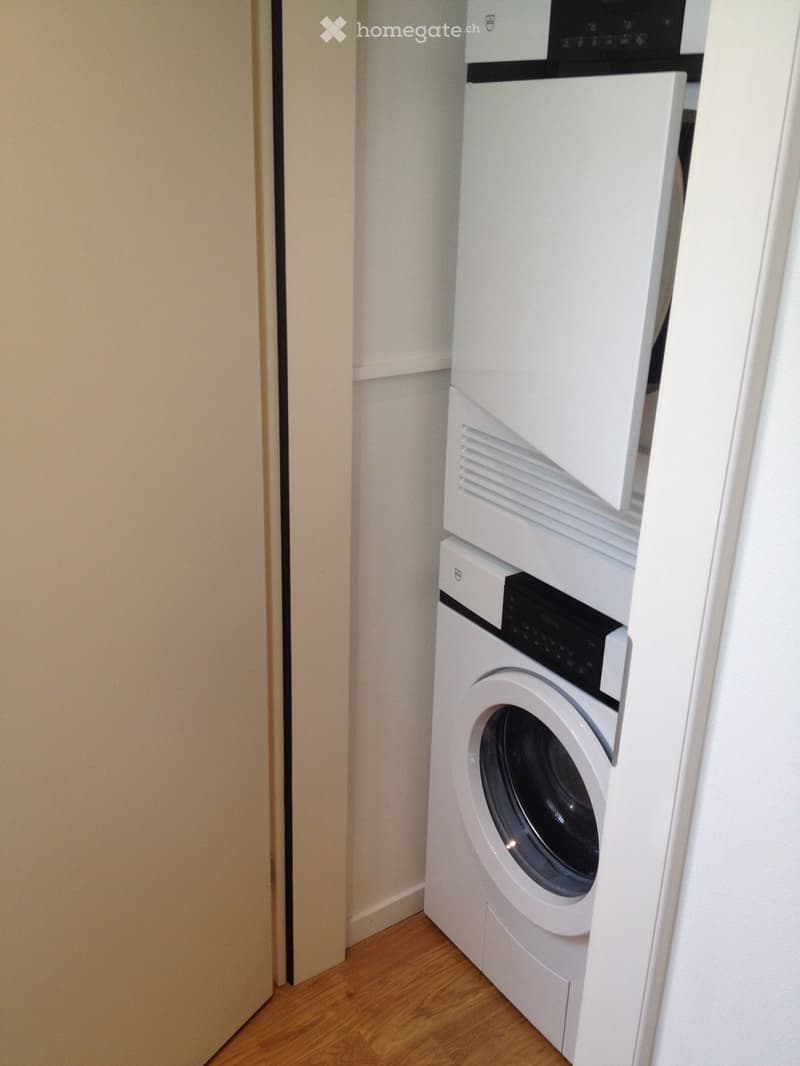 Compact bathroom with a white washing machine and a white dishwasher stacked vertically, wooden floor, light-colored walls.