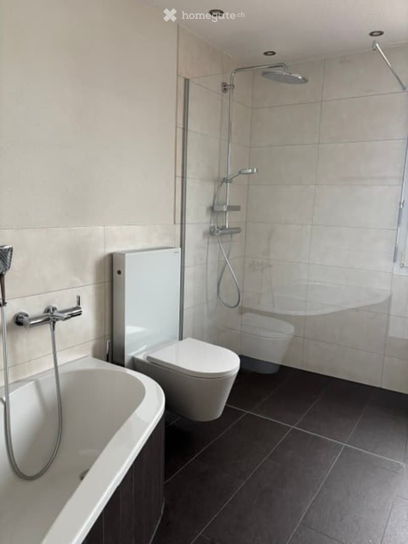 Modern bathroom with a bathtub, toilet, and a glass-enclosed shower area. Features sleek fixtures and dark tiled flooring.