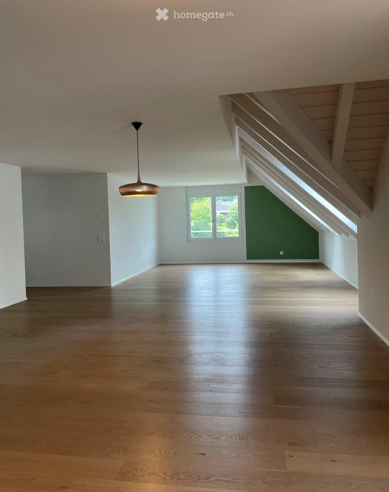 Empty attic space with wooden flooring, white walls, and a single hanging light fixture. A window provides natural light, and the sloped ceiling features exposed wooden beams.
