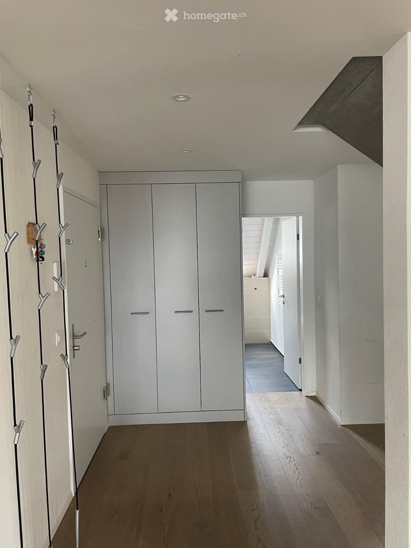Modern hallway with light wooden flooring, white walls, built-in storage cabinets, and a coat rack on the left side.