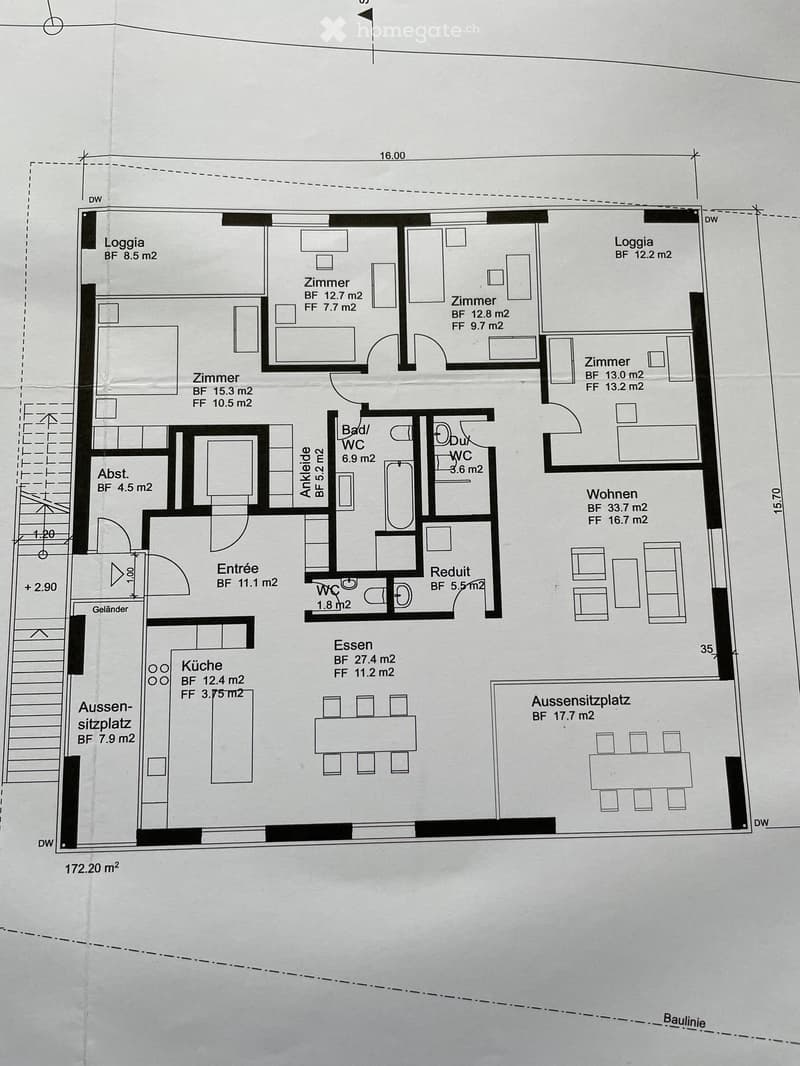 Floor plan showing a multi-room layout including living areas, bedrooms, kitchen, bathrooms, and outdoor spaces.