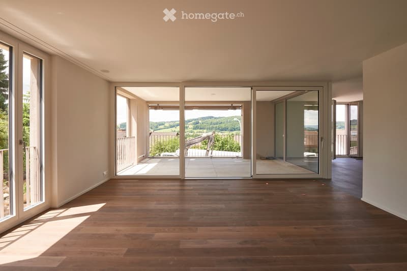 Empty room with wooden flooring, large sliding glass doors leading to a balcony with a scenic view, and white walls.