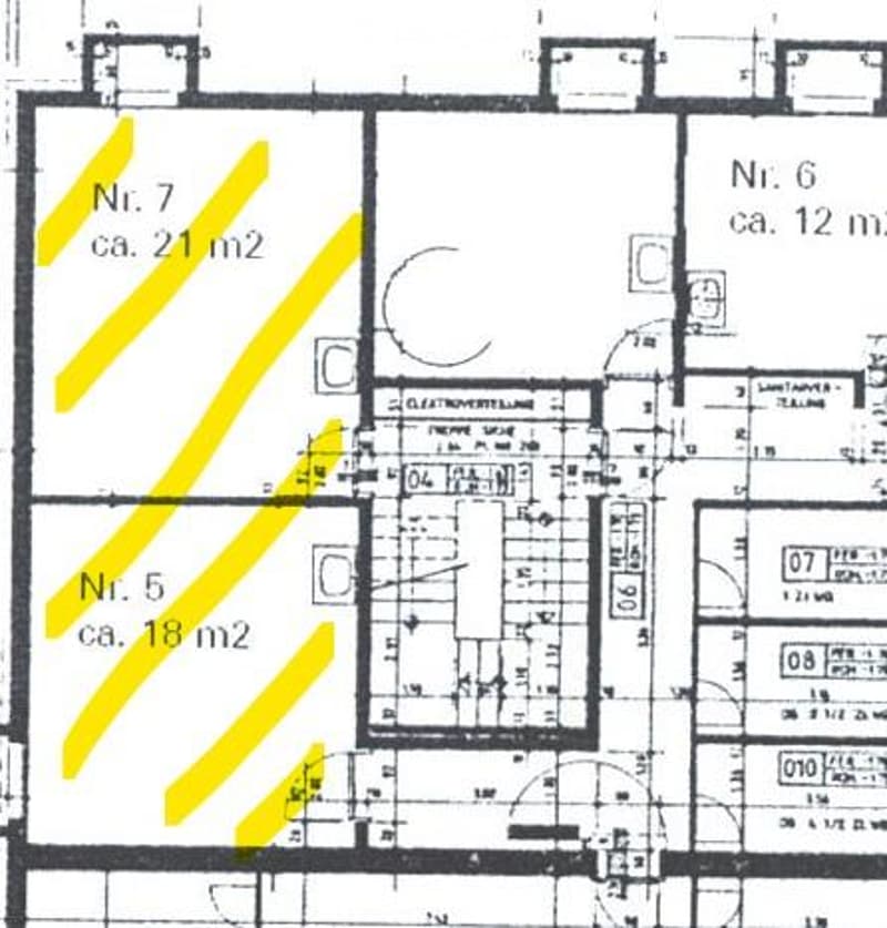 Floor plan showing multiple rooms including numbered spaces labeled5, 6, 7, and8 with approximate sizes in square meters.