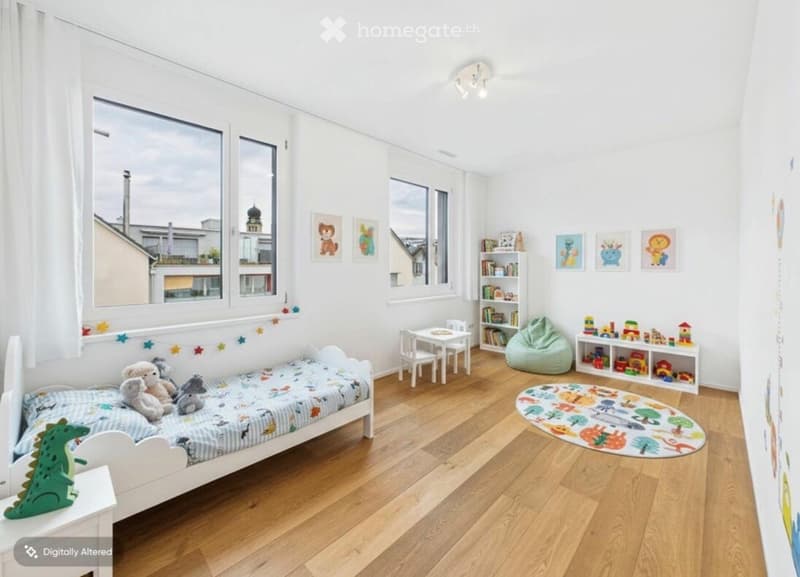 Bright, child-friendly bedroom with a single bed, colorful toys, a small table and chairs, a bookshelf, and a bean bag chair. Large windows offer a view of the city.