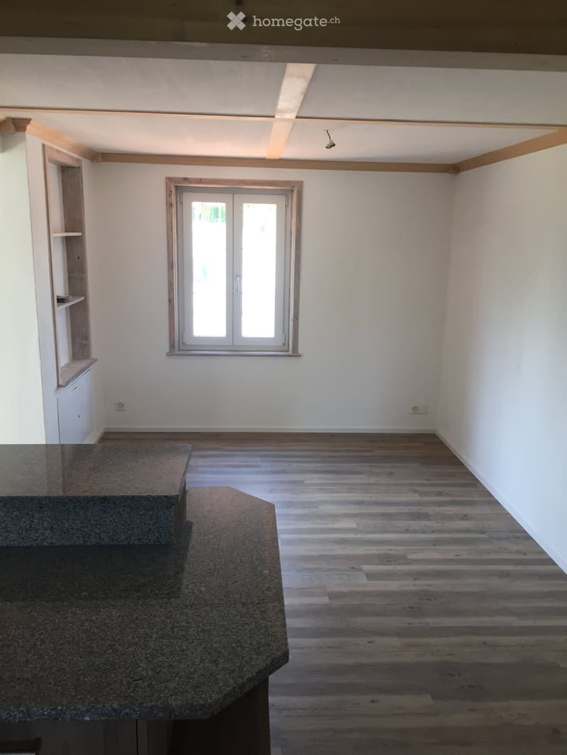 Empty room with wooden flooring, white walls, and a large window with double doors. A built-in shelf unit is visible on one wall, and a granite countertop is present in the foreground.