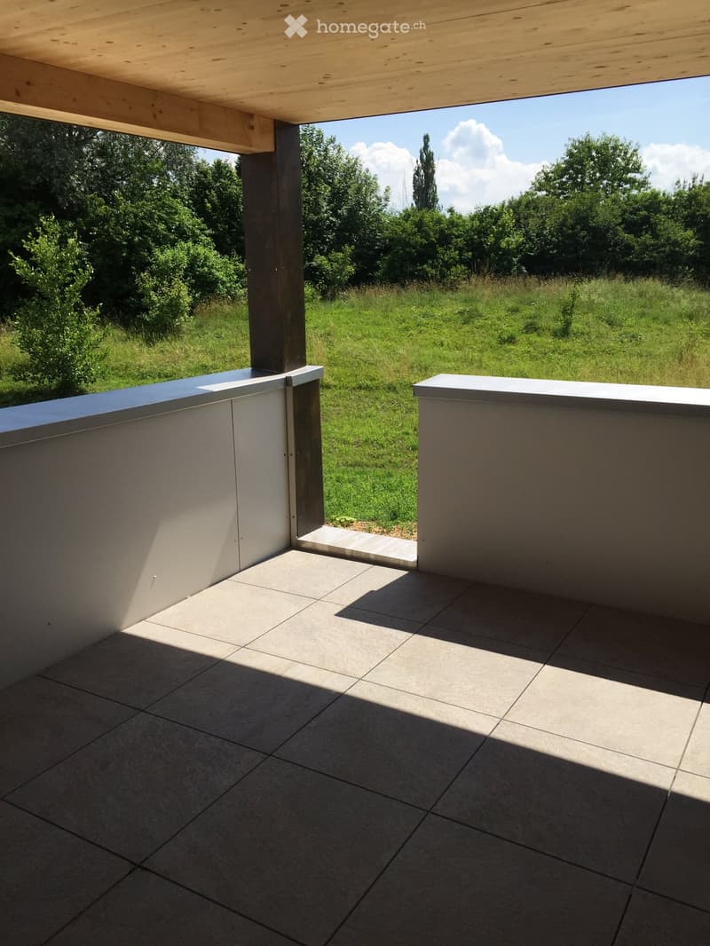 Modern outdoor patio with tiled flooring, wooden pergola, and low white walls, overlooking a grassy field with trees.
