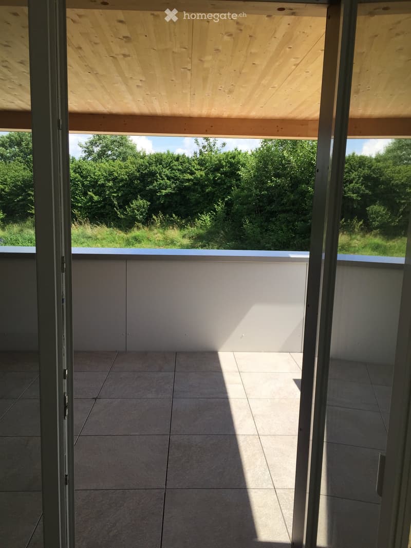 Modern balcony with wooden ceiling, tiled floor, and white railing, offering a view of a green landscape.