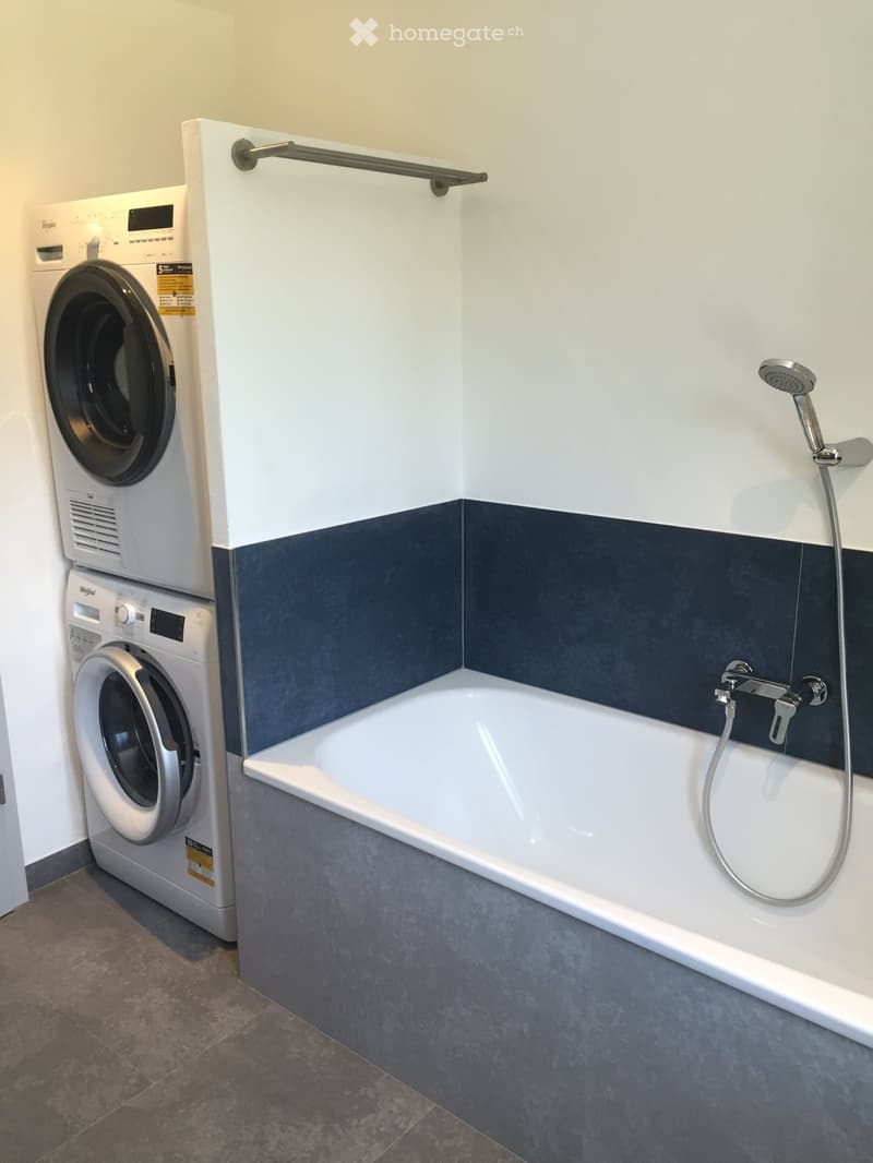 Bathroom with a bathtub, showerhead, faucet, and stacked washing machine and dryer unit.