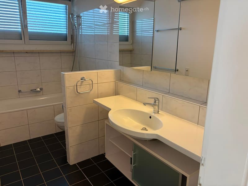 Modern bathroom with a white sink, bathtub, toilet, and large mirror. Features tiled walls and dark tiled flooring.