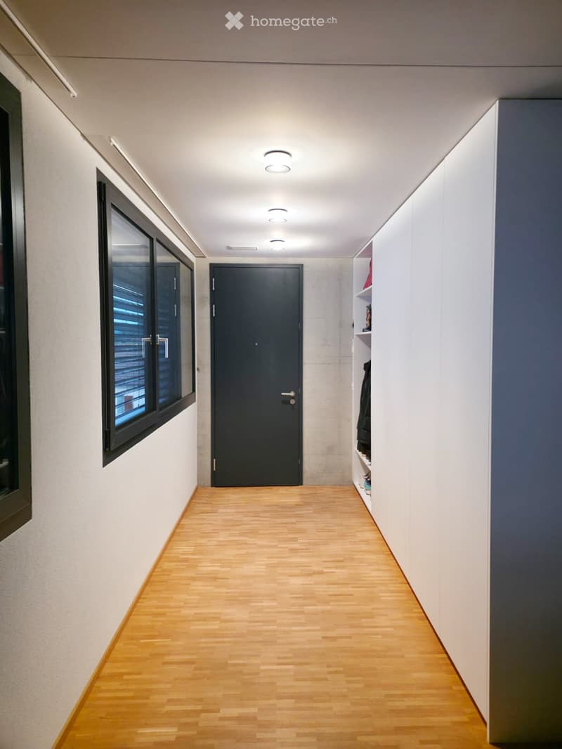 Modern hallway with light wooden flooring, white walls, and recessed ceiling lighting. Features a built-in closet with shelves and a large window on one side.