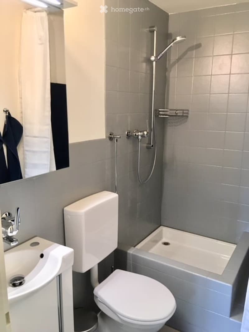 Modern bathroom with grey tiled walls, white fixtures including a sink, toilet, bathtub, and shower. A mirror is mounted on the wall above the sink.