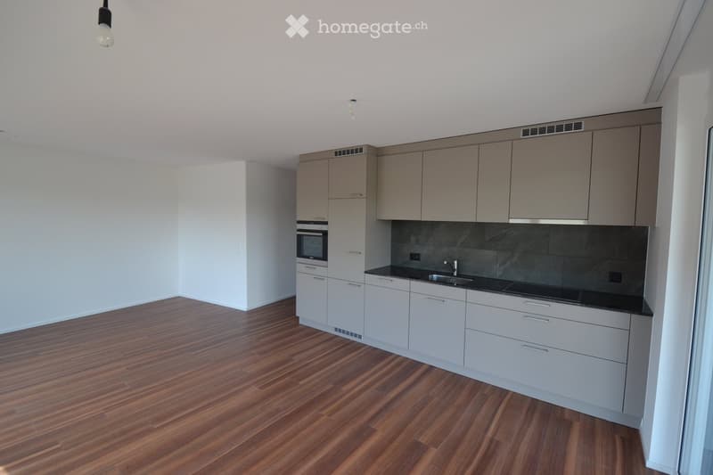 Modern kitchen with light grey cabinets, wooden flooring, and stainless steel appliances including an oven and sink.