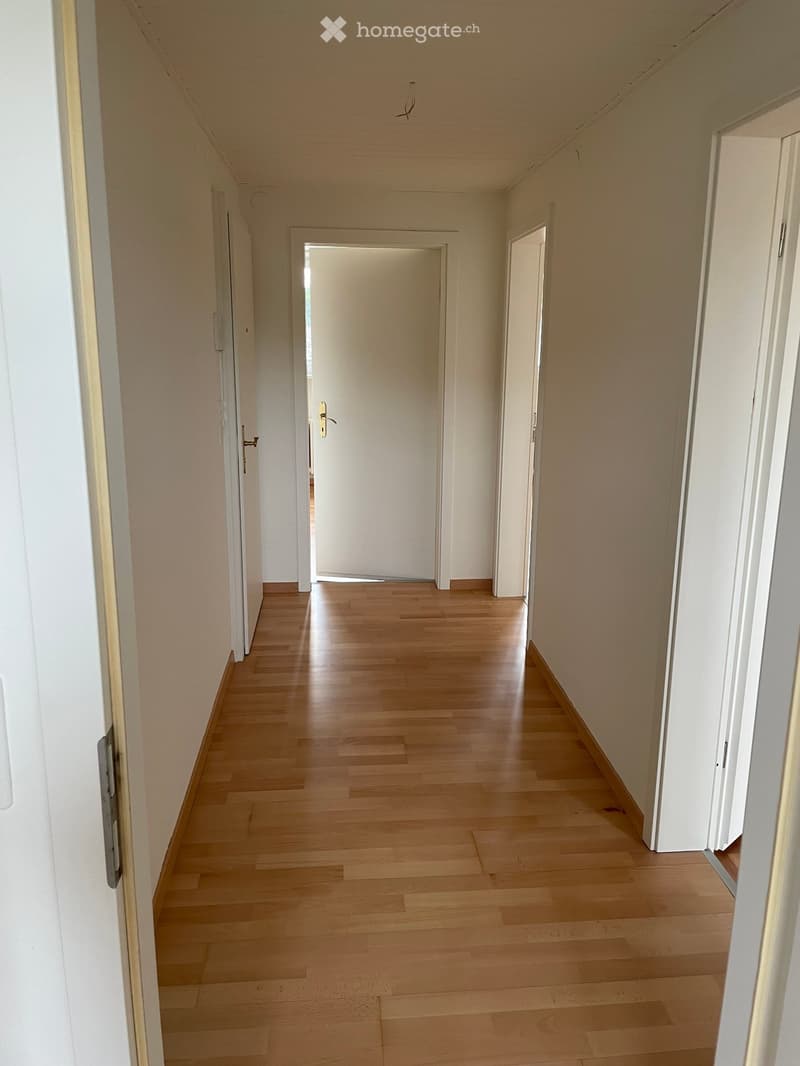A long corridor with wooden floors, white walls, and multiple doors.
