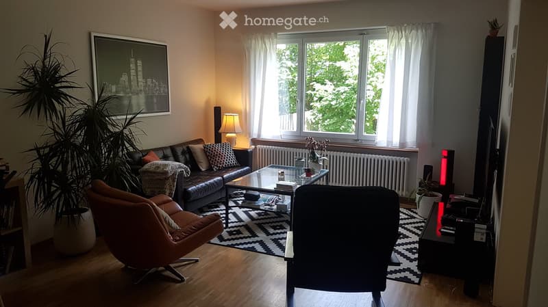 Modern living room with large windows, leather sofa, glass coffee table, armchair, table lamp, and decorative plants.