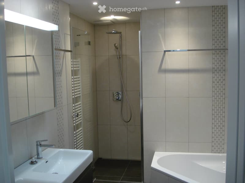Modern bathroom with a white sink, bathtub, glass-enclosed shower, and a radiator. The walls are tiled in beige with decorative patterns, and the floor is dark.