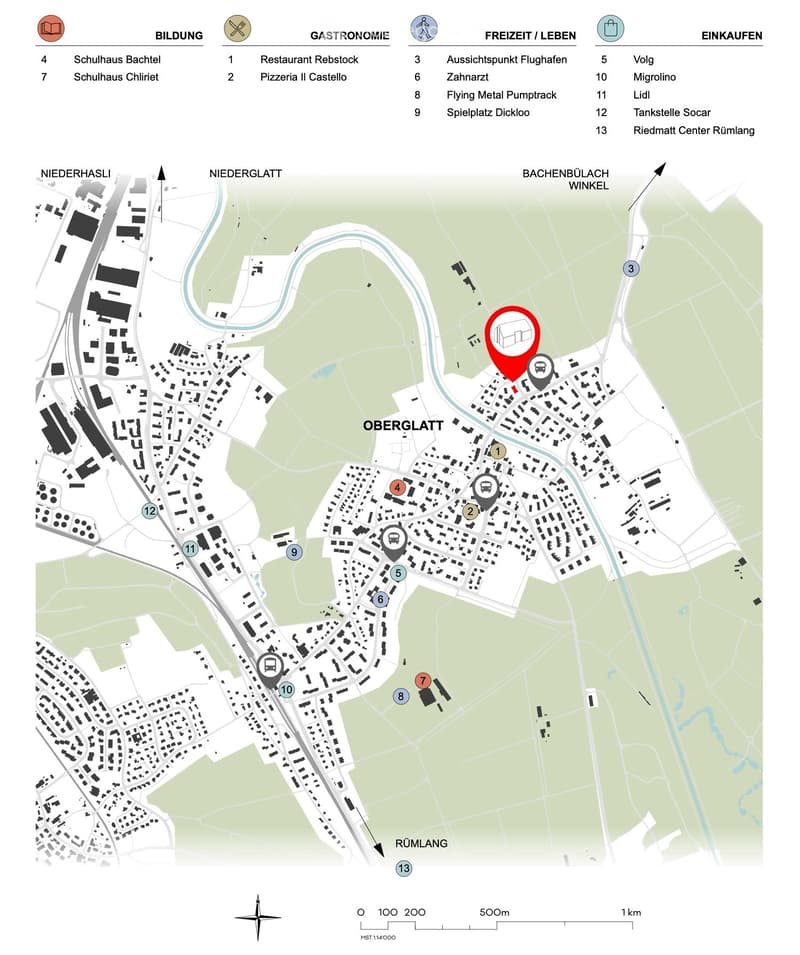A map displaying various locations within a region. Locations include schools, restaurants, parks, and shopping centers. Specific locations are identified with numbers and labels, including Schulhaus Bachtel, Schulhaus Chiriet, Pizzeria Il Castello, etc.