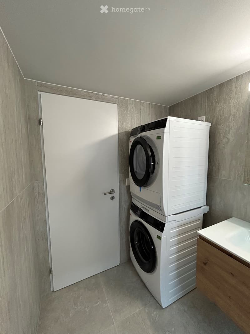 Modern bathroom with a stacked washing machine and dryer unit, a wooden cabinet, and a white door.