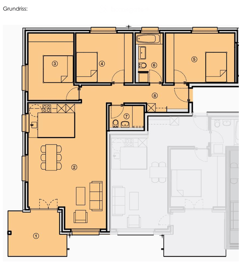 Floor plan of a multi-room apartment with a living room, dining area, kitchen, bedrooms, bathrooms, and hallway.