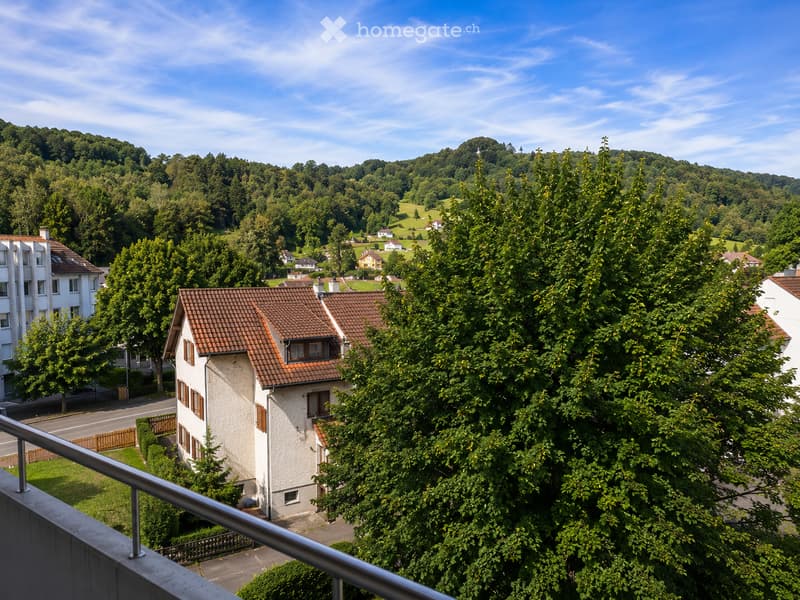 View from a balcony overlooking a suburban neighborhood with houses, trees, and a road.