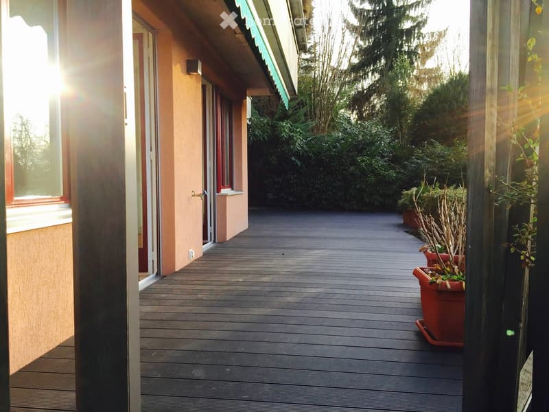 Wooden deck with potted plants, green awning, and surrounding greenery.