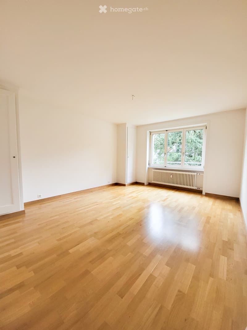 Empty room with light wooden flooring, white walls, and a large window with a radiator below it.