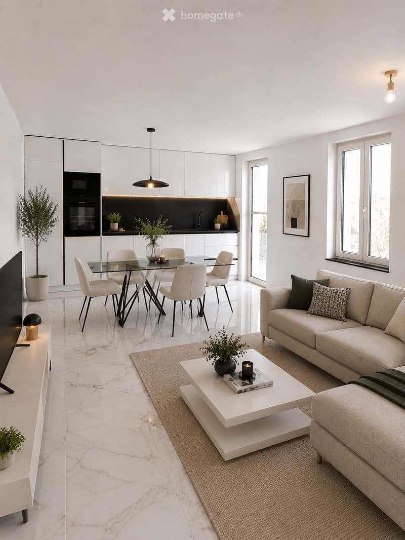 Modern living and dining area with white walls, marble flooring, a beige sofa, coffee table, dining table with chairs, pendant light, and decorative plants.