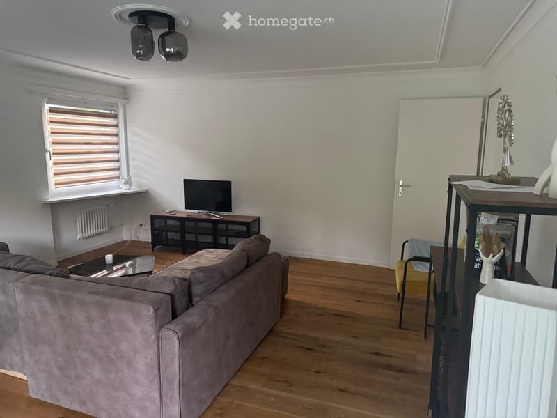Modern living room with a grey sofa, coffee table, television, and a small table with a lamp. The room features wooden flooring and large windows with blinds.