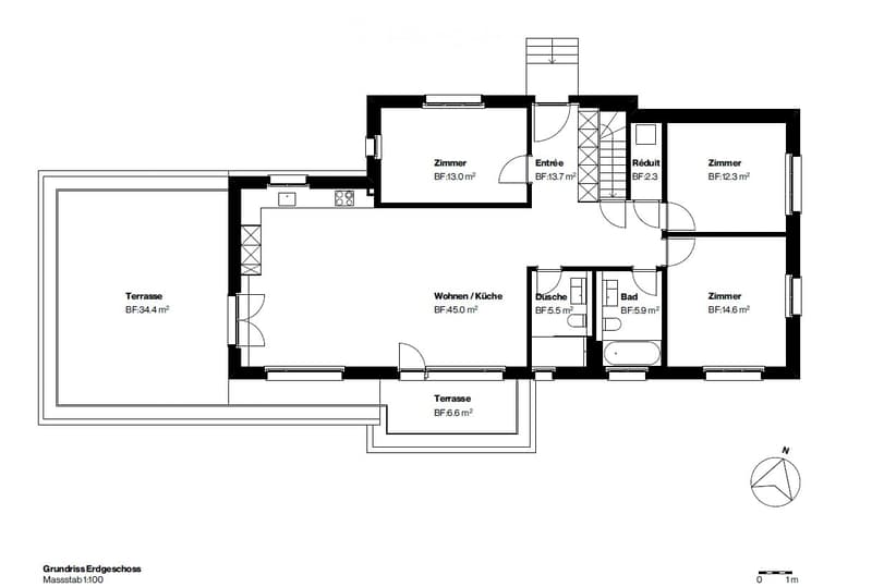Ground floor plan showing living room/kitchen, two bedrooms, bathroom, entrance, and two terraces.