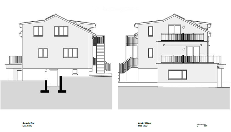 Floor plan of a two-story house with raised ground floor, featuring multiple windows, balconies, and staircases.