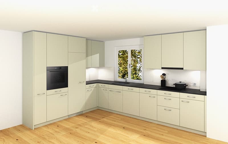 Modern kitchen with light-colored cabinets, black countertops, wooden flooring, and a window overlooking greenery.