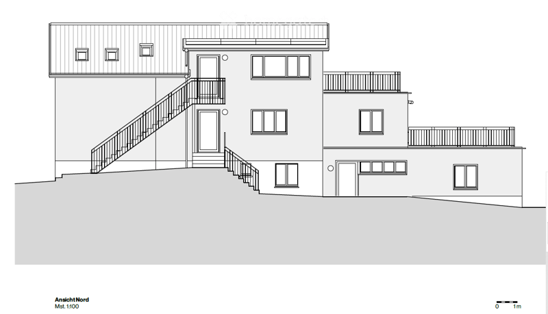 North-facing elevation of a two-story house with multiple windows, balconies, and a raised ground floor.
