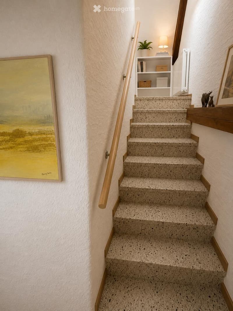 Staircase with wooden handrail and grey speckled steps, flanked by white walls and a small shelf with books and a plant.