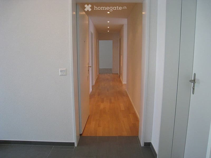A long, narrow hallway with wooden flooring and white walls, featuring recessed ceiling lights and several doors on both sides.