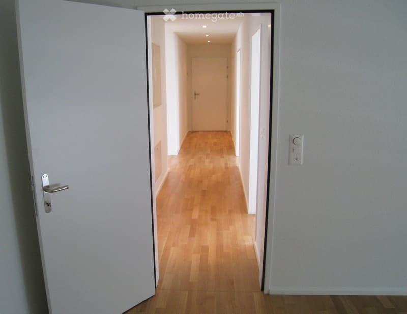 A clean, well-lit hallway with wooden flooring and white walls, featuring a closed door at the end and a light switch on the right wall.