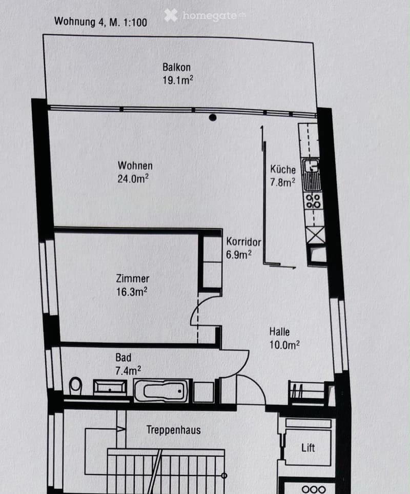 Floor plan of apartment number 4, showing living area, kitchen, bedroom, bathroom, hallway, balcony, staircase, and elevator.