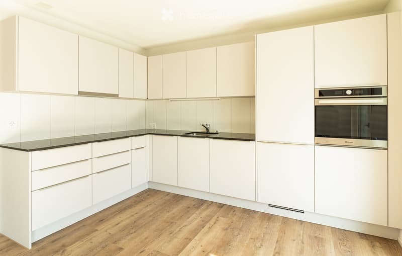 Modern kitchen with white cabinets, black countertop, wooden floor, sink, and built-in oven.