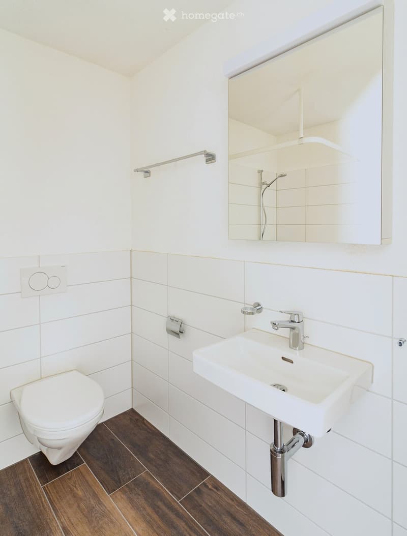 Modern bathroom with white tiles, a toilet, a sink with a chrome faucet, and a large mirror above the sink. Wooden flooring is visible.