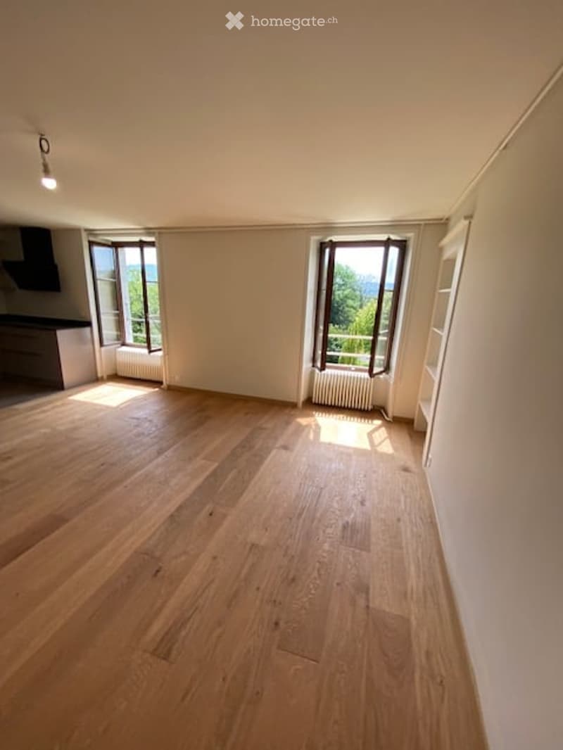 Empty room with wooden flooring, large windows offering a scenic view, and minimal furnishings.