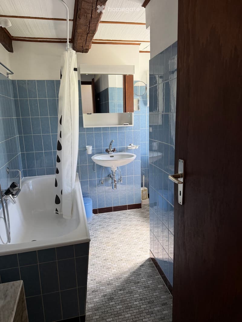 Bathroom with blue tiles, a bathtub, a sink, a mirror, and a shower curtain.