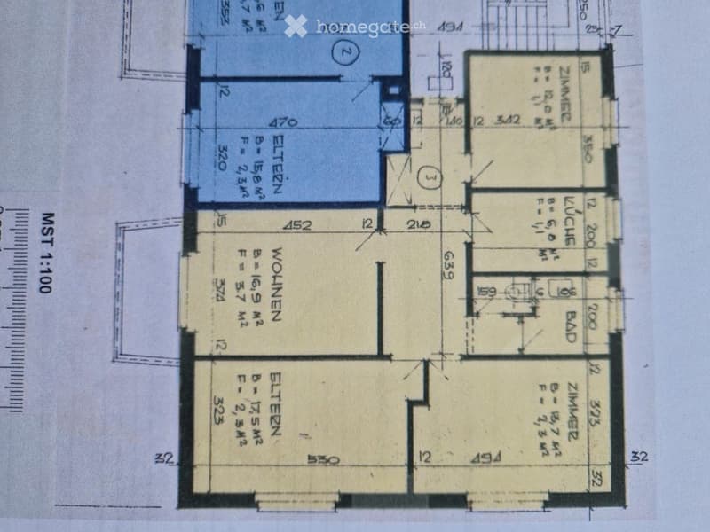 Floor plan showing a layout with multiple rooms including a living room, kitchen, bedrooms, and bathrooms.